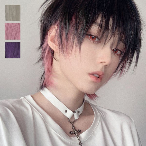 インナーカラー ショートウィッグ 紫/ピンク/シルバー ヘアネット付き