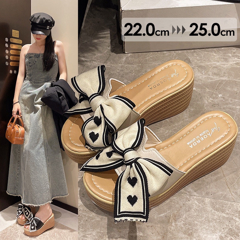 サンダル レディース ミュール 厚底 ヒール7cm リボン付き 可愛い 厚底サンダル ベージュ ブラック ウェッジヒール