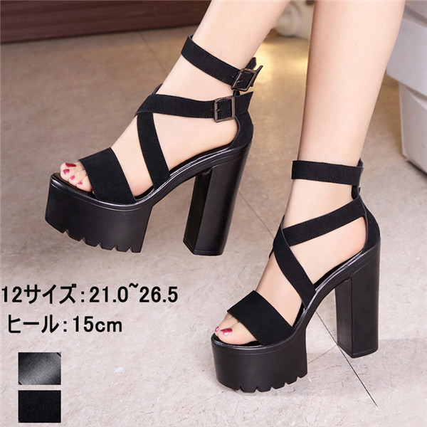 厚底 ブラックベルト サンダル スエード/PU 10cm チャンキーヒール かかとあり