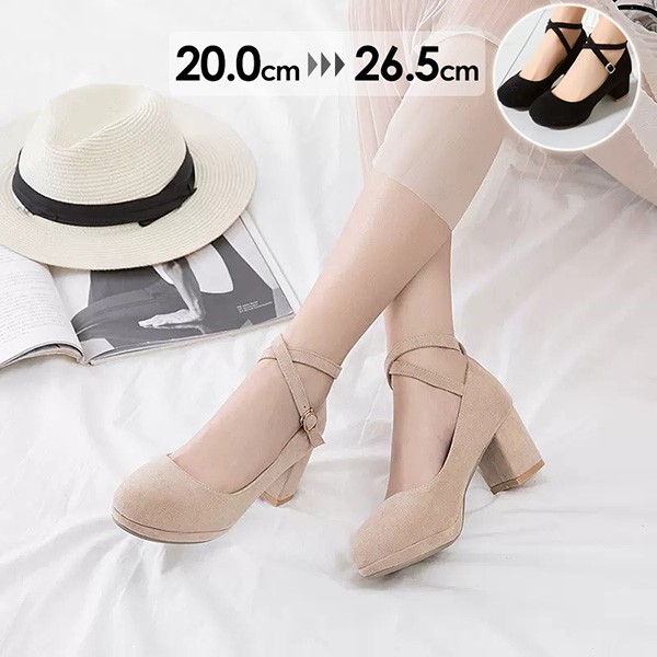 パンプス ヒール5cm チャンキーヒール アンクルストラップ スエード レディース 上品 結婚式 発表会 パーティー 謝恩会 大きいサイズ 小さいサイズ ブラック ベージュ